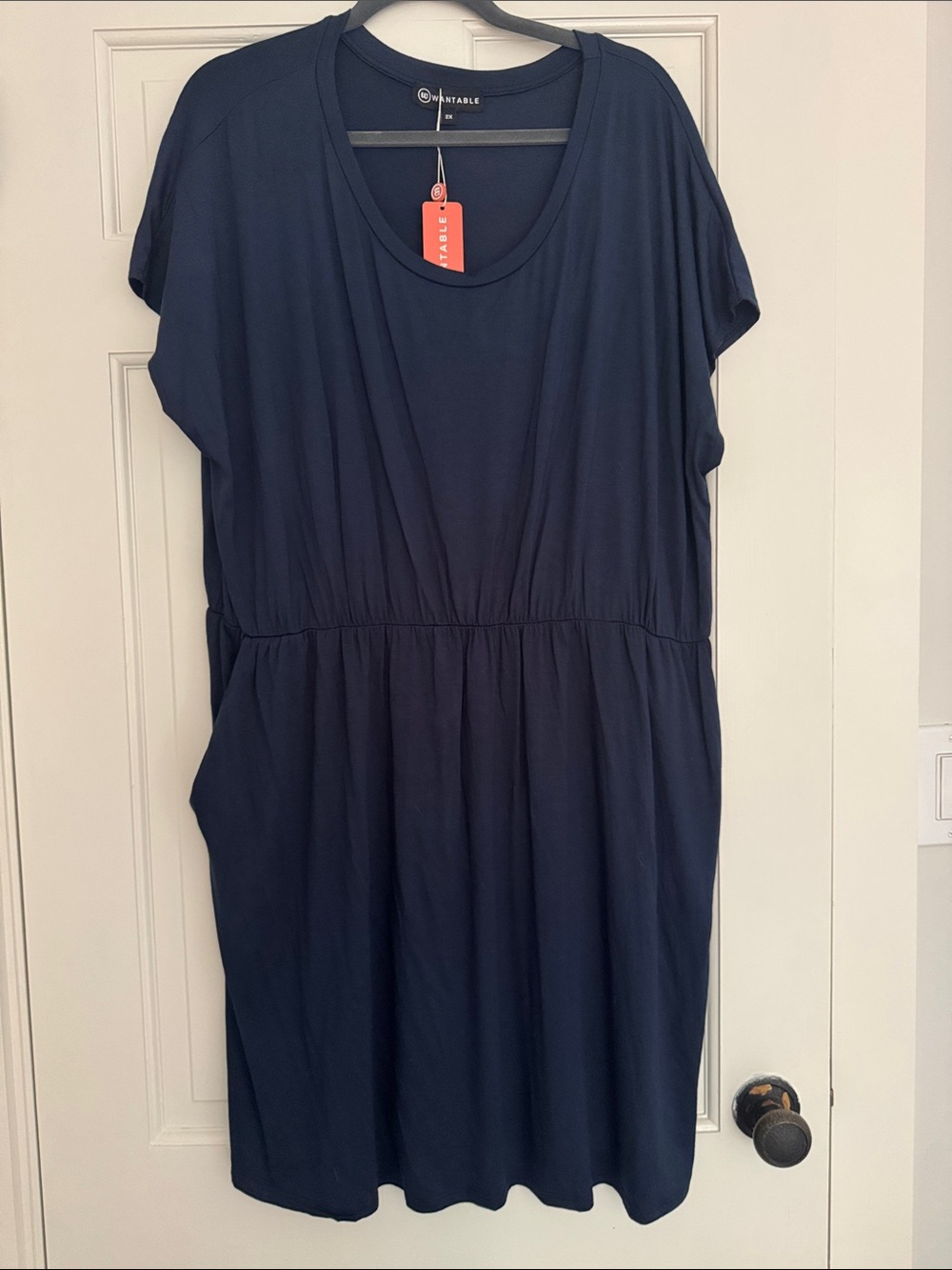 Wantable Navy Short-Sleeve Midi Dress with Elastic Waist